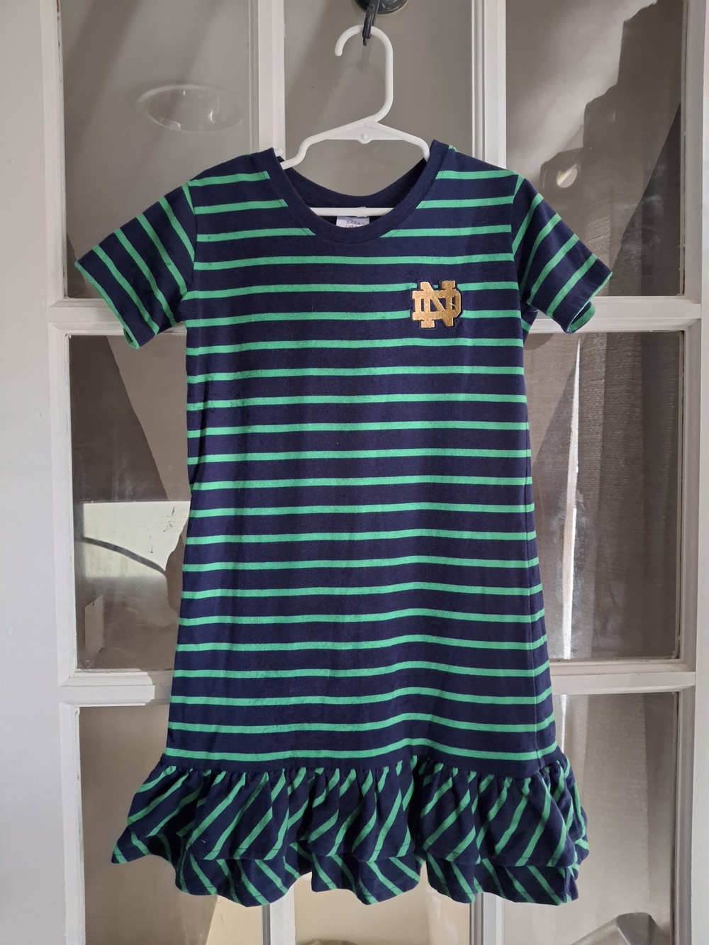 Nortre Dame Sara Lynn Togs Navy & Green Striped Girls Dress with Ruffle Hem 6x